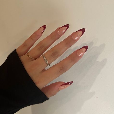 Wine Red Tip Nails, Red Wine Nails Acrylic With Design, Wine Red French Tip Nails Almond, Red Wine Nails French Tip, Cherry Red Tip Nails, Almond Nails Wine Red, Formal Nails For Red Dress, Wine Nails French Tip, Red Prom Dress Nails Ideas