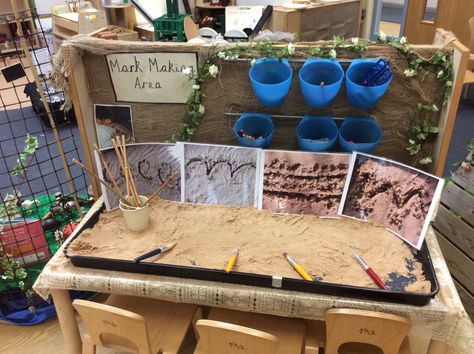 Writing Outdoors Eyfs, Mark Making Areas Early Years, Mark Making Reggio Emilia, Outside Writing Area Eyfs, Mark Making Early Years Area, Literacy Areas Early Years, Early Years Provocations, Literacy Outdoors Early Years, Year One Continuous Provision