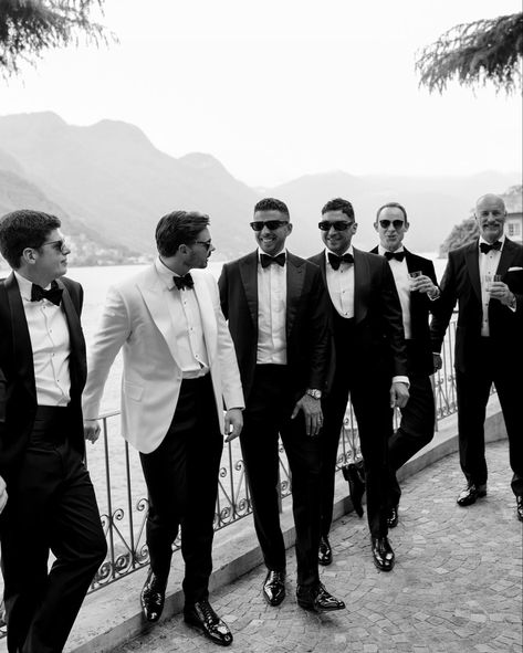 Black Tie Groom Attire, Black Tie Wedding In Italy, Black Tie Tuxedo Wedding, Black Tie Lake Wedding, Old Money Wedding Tuxedo, White Tie Groomsmen, Black Tie Aesthetic Men, Wedding Guest Tuxedo, Black Tie Indian Wedding