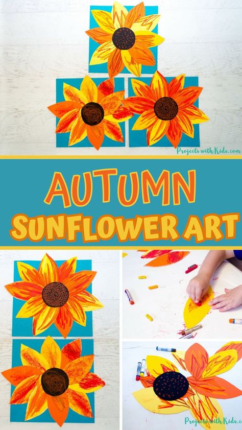 Bring the colors of fall indoors with this vibrant autumn sunflower craft! This is a great art project for kids to explore creating texture with oil pastels and is perfect for younger kids to do on their own with minimal help. Fall Kid Art Projects, Fall Art Projects For Toddlers Easy, Easy Preschool Crafts Fall, Montessori Art Projects, November Preschool Crafts Art Projects, Preschool Art Projects Fall, September Art For Kindergarten, September Art Activities, Fall Crafts For Classroom