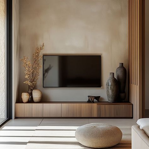 The Plaster Tv Wall Design, Tv Wall Decor Scandinavian, Modern Tv Backdrop, Living Room Tv Wall Stone, Living Room Wood Designs, Minimalist Living Room Tv Wall, Minimal Media Wall, Minimalistic Tv Wall Design, Minimalist Bedroom Tv Wall