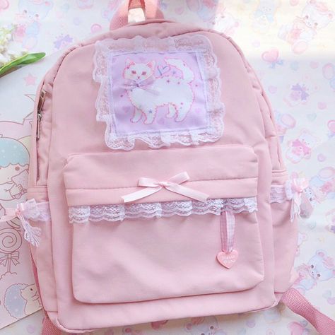 Pink School Bags, Kitty Backpack, Packing Bags Travel, Kawaii Bags, Kawaii Backpack, Day Backpacks, Cat Backpack, Backpack Decoration, Cartoon Embroidery