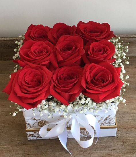 Boxed, luxurious, red roses. 🌹 | Valentine flower arrangements, Valentine's day flower arrangements, Flower bouquet diy Red Roses In A Box, Roses In Box Diy, Flower Bouquet For Valentines Day, Rose Arrangements Diy Ideas, Flower Arrangements In Boxes, Roses Box Luxury, Red Gift Box Ideas, Valentine Arrangements, Valentine Flower Arrangements