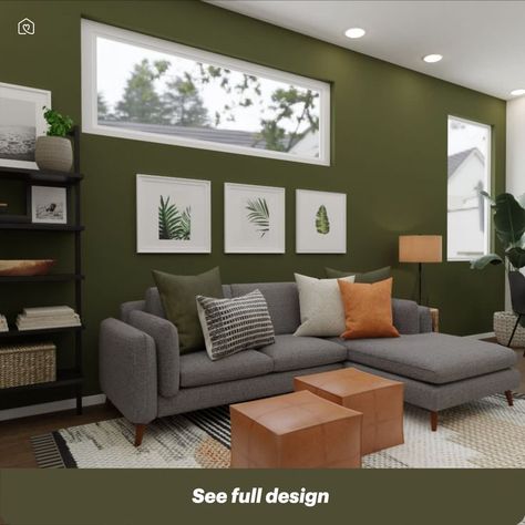 What color accent wall goes well with a gray sofa? Thinking about this? One of the most versatile colors is gray, and we have got you covered to decide which paint to apply. This living room design idea looks aspirational for a forest green wall with some botanical prints and a gray sectional. Love this? Visit us at Spacejoy to see the full design & more wall decor ideas. #graysofa #graysectional #livingroom #greenwall #greenwallgraysofa #forestgreen Color Accent Wall, Forest Green Wall, Accent Wall Dining, Accent Wall Dining Room, Wall Dining Room, Green Walls Living Room, Dining Room Sofa, Green Living Room Decor, Grey Sofa Living Room