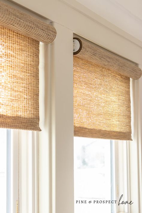 Woven Roller Shades, Roller Shades Living Room, Cottage Window Treatments, Rattan Blinds, Bamboo Roller Shades, Pine And Prospect, Pine And Prospect Home, Cottage Windows, Woven Wood Shades