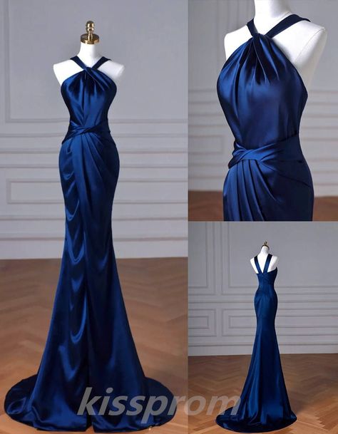 Dark Blue Dress Elegant, Elegant Blue Strapless Dress, Mermaid Dress Blue, Vintage Designer Dresses, Mermaid Dress Prom, Blue Elegant Dress, Blue Silk Gown, Mermaid Gown Prom, Silk Prom Dress