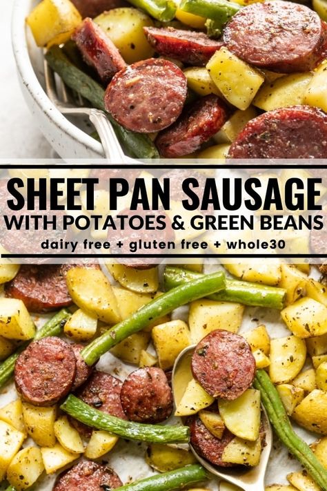 Sausage Potato Green Bean, Green Bean Sheet Pan, Sausage Potatoes And Green Beans, Red Potatoes And Green Beans, Sausage Potatoes Green Beans, Sausage With Potatoes, Potato Green Bean, Sheet Pan Sausage, Potatoes Green Beans