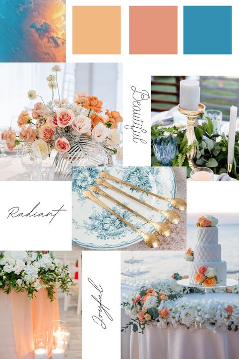 Inspired by the sunrise - colorful , fun and elegant wedding color palette. Coral, orange sherbet and blue. Wedding Color Schemes Destination, Beach Wedding Pallet Colour Palettes, Pink Orange Blue Wedding Theme, Summer Beach Wedding Colors Colour Palettes, Wedding Color Schemes Summer Beach, Beach Wedding Schemes, Wedding Colour Schemes Beach, 2024 Wedding Palette, Dusty Blue Coral Wedding