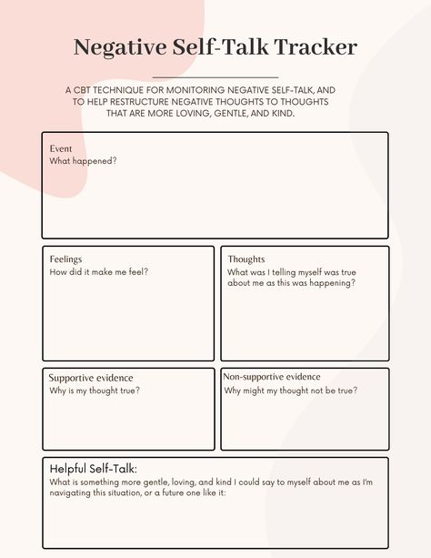 This negative self-talk tracker is adapted from the CBT exercise of creating a thought record, and challenging thoughts. When working with the inner critic, it can be imperative to challenge, and restructure the thoughts that the inner critic part of you has you believing. This activity helps you identify negative thoughts, challenge them, and create more adaptive, loving, gentle, and kind thoughts to replace your negative thinking patterns with over time. Cbt Challenging Negative Thoughts, Negative Self Talk Worksheet, Inner Critic Worksheet, Negative Self Talk Activities, Negative Thoughts Worksheet, Cbt Exercises, Challenging Thoughts, Thought Record, Study Skills Worksheets