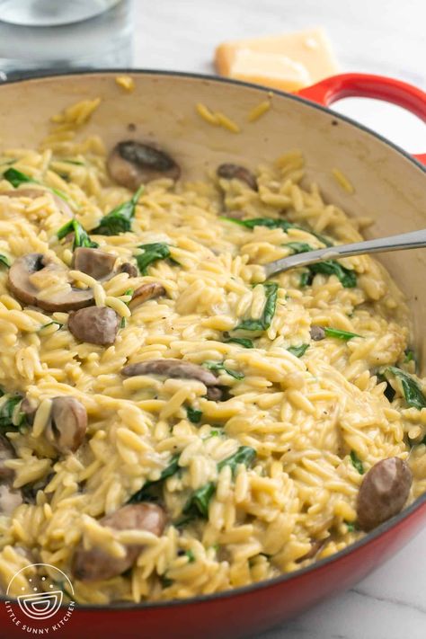 Recipes Using Mushrooms And Spinach, Orzo Spinach Mushroom, Orzo Pasta Recipes Vegetarian, Mushroom Asparagus Orzo, Creamy Mushroom Spinach Orzo, Mushroom Orzo Risotto, Orzo Recipes Mushroom, Orzo Mushroom Spinach, Risoni Pasta Recipes