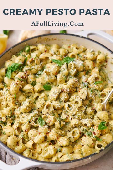 Indulge in this decadent Creamy Pesto Pasta, made with pantry staples in 30 minutes or less. It's a family favorite, and pairs well with many proteins. Pesto Veggie Pasta, Pesto Alfredo Pasta, Creamy Pesto Pasta Salad, Quick Pesto Pasta, Easy Creamy Pesto Pasta, Protein Pesto Pasta, Recipes With Ditalini Pasta, Pea Pesto Pasta, Creamy Pesto Pasta Recipe