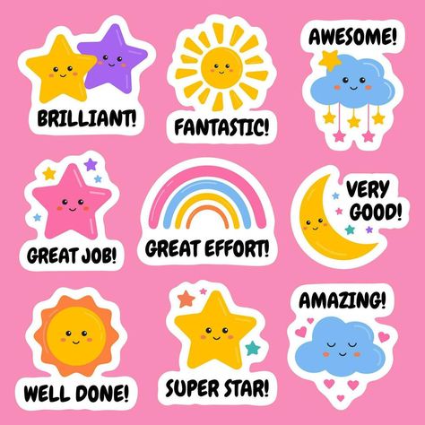 Reward Stickers For Students, School Labels Printables, Sunny Clouds, Hello Kindergarten, Free Classes, Stickers Collection, Kids Rewards, Job Well Done, Star Students