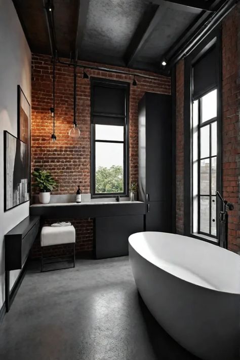 Industrial bathroom concrete flooring minimalist design Poured Concrete Bathroom Floor, Black And Concrete Bathroom, Bathroom With Concrete Floor, Concrete Floors Bathroom, Bathroom Ideas Industrial, Brick Floor Bathroom, Concrete Floor Bathroom, Bathroom Industrial Style, Industrial Design Bathroom