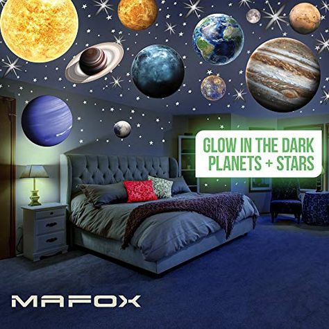 MAFOX Glow in The Dark Planets, Bright Solar System Wall Stickers -Sun Earth Mars and so on,9 Glowing Ceiling Decals ... Ceiling Decals, Solar System Room, Outer Space Room, Dark Room Decor, Baby Wall Stickers, Galaxy Decor, Dark Planet, Space Themed Bedroom, Space Themed Room