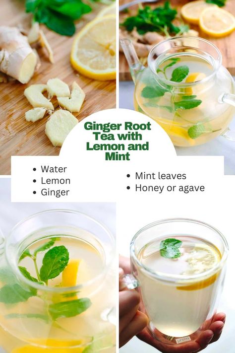 A hot cup of ginger root tea with lemon and mint is a soothing beverage. Three simple ingredients provide a refreshing drink at any time of day. Make as a large pot at home or single serving on the go. Ginger Lemon Honey Tea, Ginger Root Tea, Ginger Uses, Mint Tea Recipe, Hot Winter Drinks, Tea With Lemon, Mint Drink, Lemon And Mint, Mint Water