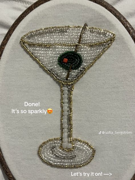 Beaded Martini Shirt, Embroidery With Pearls Ideas, Diy Pearl Embroidery, Martini Beaded Embroidery, Pearls Embroidery Designs, Cute Bead Embroidery, Beaded Tops Diy, How To Do Beaded Embroidery, Beading Designs On Fabric