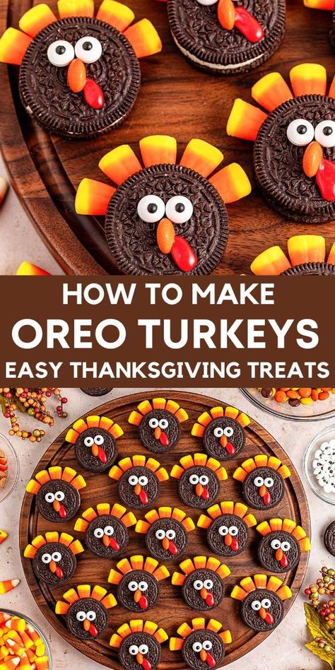 No bake Oreo turkey cookies! This simple dessert is perfect for the holiday season, requiring just a handful of ingredients Oreo cookies, candy corn, and chocolate. Not only are these cute Oreo turkeys easy to make, but they also make a great project for kids to get involved with during the holidays. Perfect as a Thanksgiving party dessert, these sweet treats are sure to delight both kids and adults. Try these fun, easy-to-make Oreo turkey cookies this Thanksgiving! Easy Thanksgiving Classroom Treats, Thanksgiving Oreo Cookie Turkey, Fun Things To Make For Thanksgiving, Fun And Easy Thanksgiving Desserts, Oreo Candy Corn Turkey, Candy Corn Turkey Craft, Thanksgiving Preschool Party Food, Thanksgiving’s Deserts, Thanksgiving Preschool Dessert