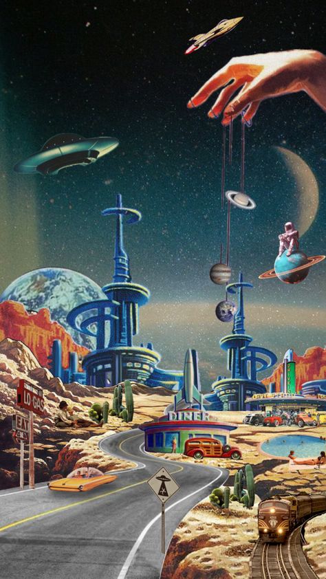 #retrospace #retro #vintage #futurism #surreal #surrealism #wallpaper #space #spacebackground #spacewallpaper #vintagewallpaper Surrealism Wallpaper, Retro Futurism Aesthetic, Vintage Space Art, Vintage Futurism, Best Collage App, City Collage, Futurism Art, Art Spatial, 70s Sci Fi Art