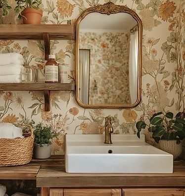 Cottagecore meets luxury in this dreamy bathroom 🍂✨. Florals, wicker, and brass accents make this space the perfect fall retreat! #vintagebathroom #vintagedecor #cottagecoreaesthetic #cottagecorestyle #bathroomstyle Small Cottagecore Bathroom, Bathroom Decor Cottagecore, Vintage Cottagecore Bathroom, Cottage Core Bathroom Aesthetic, Cottage Core Bathroom Remodel, Cottage Core Vanity, Feminine Bathroom Decor Ideas, Cottagecore Bathroom Aesthetic, Cottagecore Aesthetic Bathroom