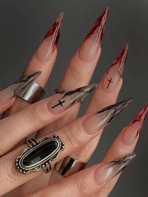 Spooky Halloween Nails 2023: 17 Hauntingly Creative Ideas Vampy Nails, Vampire Nails, Witch Nails, Angel Nails, Witchy Nails, Halloween Acrylic Nails, Punk Nails, Gothic Nails, Jack O'lantern