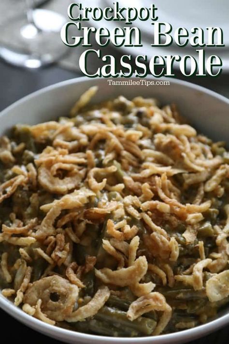 How to make delicious easy Crockpot Green Bean Casserole! This slow cooker side dish is perfect for the holidays! So easy to make in the crock pot with canned green beans. One of the best Thanksgiving and Christmas holiday side dishes! Made with cheese, green beans, french fried onions, and cream of mushroom soup. Can also be made with frozen or fresh green beans. Crockpot Green Bean Casserole, Omnia Oven, Rv Recipes, Crockpot Green Beans, Green Bean Casserole Crock Pot, Slow Cooker Green Beans, Green Bean Casserole Recipe, Green Beans Mushrooms, Greenbean Casserole Recipe