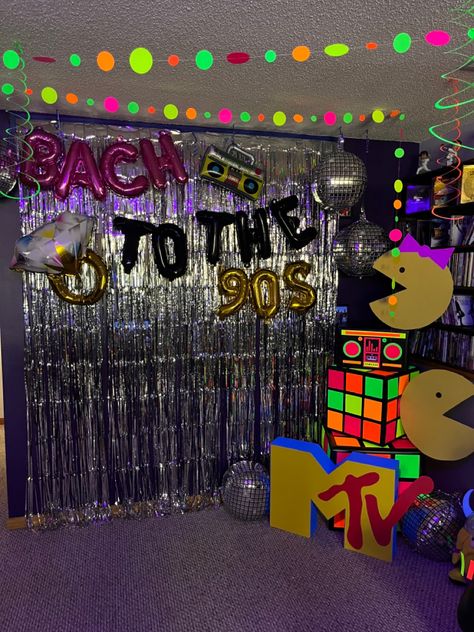 90s Theme Backdrop, Nineties Party Decorations, 90s Themed Bday Party, 90s Birthday Decorations, 90s Bday Theme, 90s Homecoming Theme, 90 Decorations Party Ideas, 90s Neon Party, 90 Theme Birthday Party Ideas