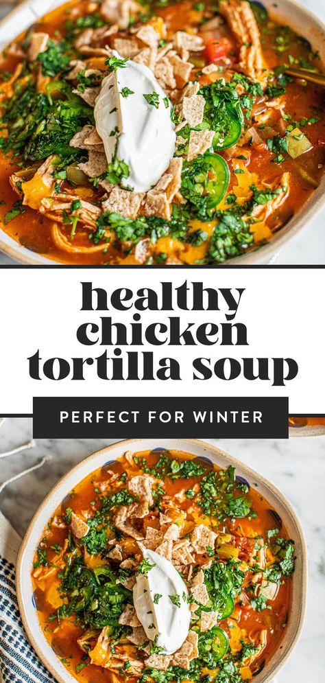 Cozy Winter Dinner, Healthy Chicken Tortilla Soup, Slow Cooker Chicken Healthy, Shredded Chicken Recipes, Healthy Slow Cooker, Chicken Tortilla Soup, Chicken Tortilla, Winter Dinner, Tortilla Soup