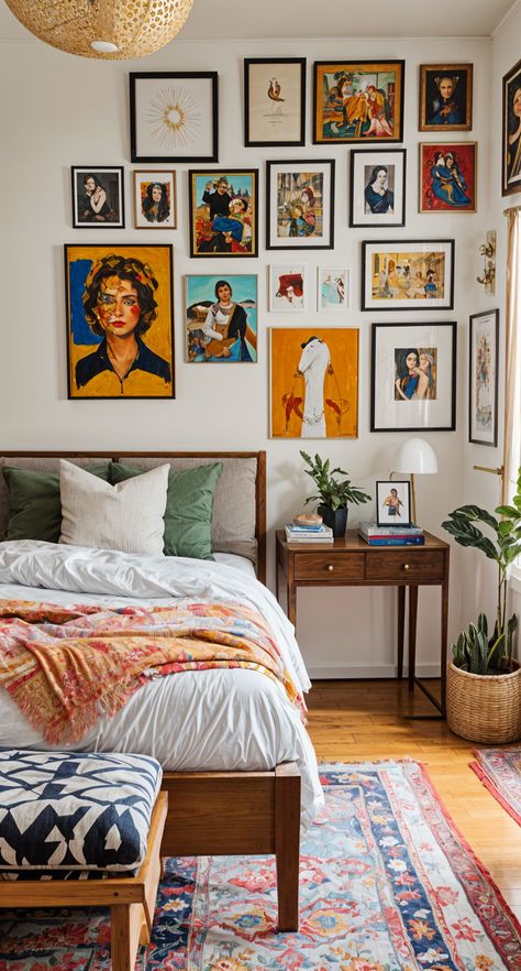 The image showcases a bedroom with a bed, a nightstand, and a collection of eclectic art on the walls. The bed is covered with a colorful blanket, and there are several books placed on the nightstand. The room also features a potted plant and a vase, adding to the eclectic design style of the space. #an #Embracing #Charm #Your #HomeStyle #Transforming #Oasis #Eclectic #Apartment #Eclectic #HomeDecor #HomeDecorating #into Mcm Boho Bedroom Ideas, Eclectic Mcm Bedroom, Eclectic Minimalist Decor Bedroom, Colorful Vintage Bedroom Ideas, Maximalist Apartment Bedroom, Danish Bedroom Aesthetic, Eclectic Style Bedroom, Modern Eclectic Apartment, Gallery Wall Above Bed