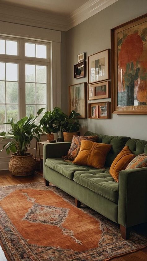 Colorful Green Living Room, Green Couch Fall Decor, Cognac Living Room Color Schemes, Living Room Decor Uk Interior Design, Green Brown House Decor, Earthy Living Room Green Couch, Green Couch Apartment Living Room, Brown Green Orange Living Room, Apartment Bedroom Color Schemes