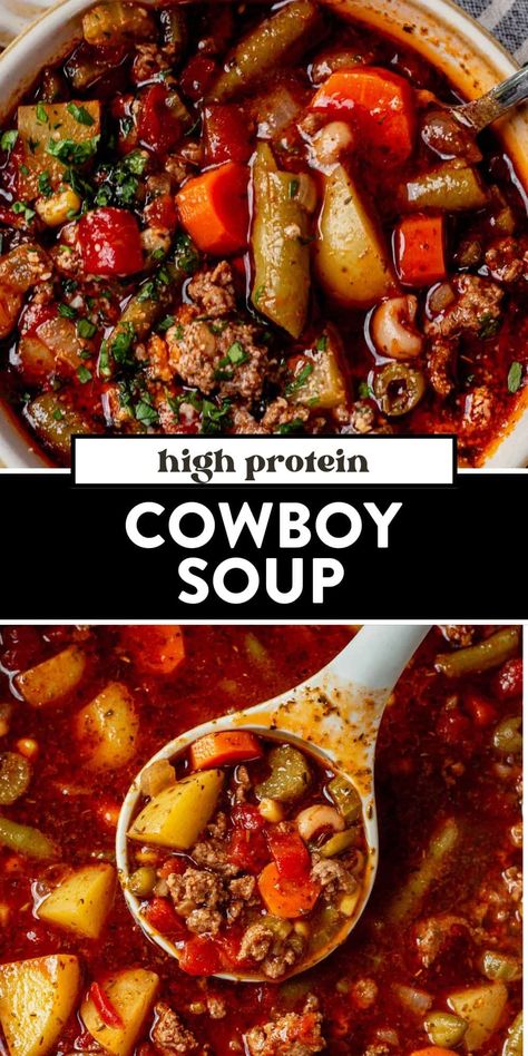 This hearty cowboy soup combines your favorite Tex-Mex ingredients like ground beef, beans, vegetables, and smoky seasonings. Bring the wild west to your kitchen with this budget-friendly and filling soup! It makes great leftovers and is full of healthy ingredients, making it the perfect weeknight meal. Cowboy Soup, Homemade Soup Recipe, Fall Soup Recipes, Vegetable Beef Soup, Crockpot Soup Recipes, Soup Dinner, Beef Soup, The Wild West, Easy Soup Recipes