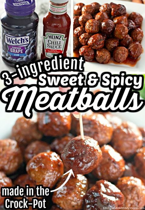 3 Ingredient Sweet And Spicy Meatballs, Easy Football Party Food Crock Pots, Grape Jam Meatballs, 3 Ingredient Sweet And Sour Meatballs, Crockpot Meatballs Grape Jelly Chili, Sweet And Sour Meatballs Appetizers, Sweet And Sour Meatballs With Grape Jelly, Sweet Meatballs Crockpot Grape Jelly, Sweet Sour Meatballs Grape Jelly