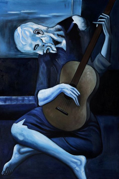 Pablo Picasso, The Old Guitarist, oil paint,  4′ 0″ x 2′ 9″, 1903-1904 The Old Guitarist, Man With A Guitar, Famous Art Paintings, Arte Jazz, Picasso Artwork, Picasso Portraits, Pablo Picasso Art, Art Picasso, Pablo Picasso Paintings