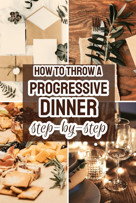 How To Plan A Progressive Dinner Party Step By Step - this neighborhood party idea or family themed party is a fun way to have different party hosts. Here's how to set up a strolling supper (progressive cocktail parties) step by step with fun party theme ideas too! #walkingsupper #strollingdinner #progressiveparty #dinnerpartyideas #dinnerpartythemes #adultpartytheme Progressive Dinner Themes, Supper Club Theme, Party Dinner Ideas, Dinner Party Activities, Dinner Hosting Ideas, Progressive Dinner Party, Potluck Dinner Party, Dinner Party Planning, Neighborhood Party