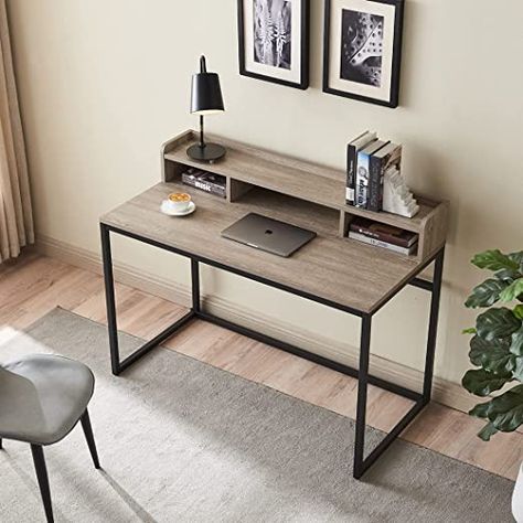 Grey Wood Desk, Workspaces Design, Bedroom Decor Apartment, Small Study Table, Computer Table Design, Wood And Metal Desk, Table Pc, Study Table Designs, Desk Laptop