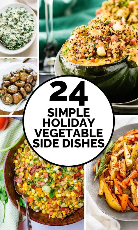 Looking for vegetable side dishes to serve with your Thanksgiving or Christmas dinner? These easy vegetable sides are festive and flavorful. This roundup includes vegetarian and vegan options, make-ahead and last-minute recipes, and classic holiday favorites. Turkey Dinner Vegetable Sides, Holiday Vegetable Dishes, Vegetables For Christmas Dinner, Vegetable Side Dishes For Thanksgiving, Easy Vegetable Sides, Best Vegetable Side Dishes, Christmas Vegetable Dishes, Thanksgiving Vegetable Side Dishes, Thanksgiving Vegetable Side