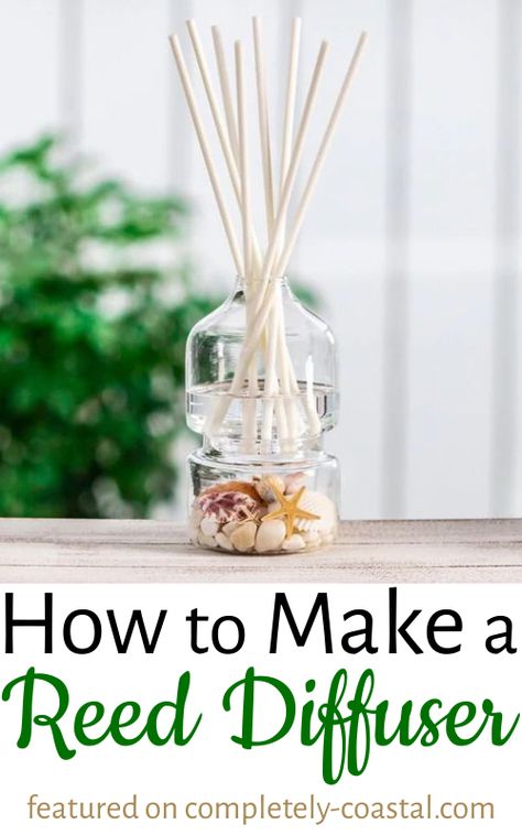 Infuse your home with a lovely fragrance with these decorative room reed diffuser ideas. Featured on Completely Coastal. It's easy to make a reed diffuser using your own shells on the bottom of the jar/vase... or find sources where to buy decorative coastal beachy reed diffusers. Reed Diffuser Diy, Homemade Diffuser, Diy Oil Diffuser, Homemade Reed Diffuser, Diy Essential Oil Diffuser, Diffuser Diy, Essential Oil Reed Diffuser, Reed Diffuser Oil, Natural Air Freshener