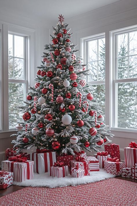 21 Best Red and White Christmas Decor Ideas 2024 4 Decoration Tree Christmas, Christmas Tree Decorations White And Red, Red White Xmas Tree, White Silver Red Christmas Tree, Christmas Tree Red And White Ideas, Red Decor Christmas Tree, Red Flocked Christmas Tree Ideas, Christmas Tree Red Ideas, Christmas Color Decor Ideas