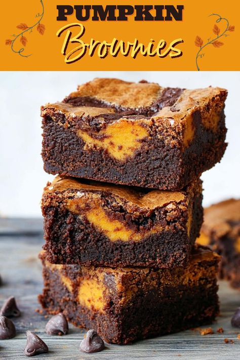 The BEST Pumpkin Brownies - Insanely Good Pumpkin Brownies With Box Brownies, Fall Brownies Recipes, Thanksgiving Brownies Ideas, Pumpkin Brownie Recipes, Thanksgiving Desserts Brownies, Fall Brownies, Pumpkin Baked Goods, Easy Brownie Recipe, Thanksgiving Brownies