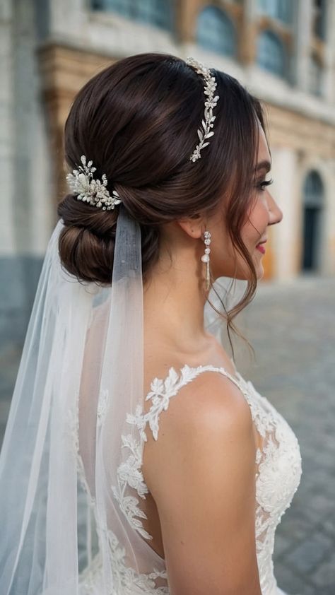 Discover a stunning collection of wedding hairstyles with veil ideas including a variety of options like Vintage Updo Tiara Crown Bun Korean Curly Simple Ponytail Bob Long and Short styles Whether you prefer a down hairstyle a vintage look an elegant updo or a glamorous tiara or crown this blog post has all the inspiration you need for your special day Wedding Hairstyles For Tiara, Low Bun With Tiara And Veil, Low Bun With Wedding Veil, Bridal Hair With Flower Crown And Veil, Wedding Upstyles Medium Length, Bridal Updos For Long Hair With Tiara, Sleek Wedding Updo With Veil, Wedding Dresses With Hair Down, Bridal Updo Headpiece