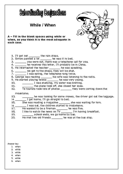 Subordinating Conjunctions: When and While Worksheet While And When Worksheet, When While Worksheet, Subordinating Conjunctions Worksheets, Complex Sentence, Conjunctions Worksheet, Subordinating Conjunctions, Esl Grammar, Grammar For Kids, English Exercises