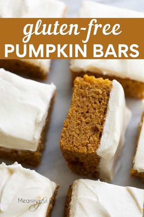 Overhead image of a gluten-free pumpkin bar with cream cheese frosting Fall Desserts Gluten Free, Gluten Free Pumpkin Desserts, Gluten Free Pumpkin Cake, Gluten Free Pumpkin Bars, Pumpkin Bars With Cream Cheese, Gluten Free Pumpkin Recipes, Bars With Cream Cheese Frosting, Fluffy Cream Cheese Frosting, Bars With Cream Cheese