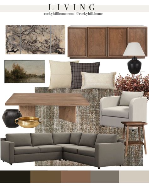 Serene Spaces Living Gold Brass … curated on LTK Earth Tone Home Decor Living Rooms, Transitional Living Rooms With Fireplace, Modern Classic Minimalist Interior, Japandi Contemporary Living Room, Dark Gray And Tan Living Room, Modern Living Room Decor Grey Couch, Rowe Sectional Sofa, Gray Brown Wood Floors Living Room, Rugs And Pillows Living Room