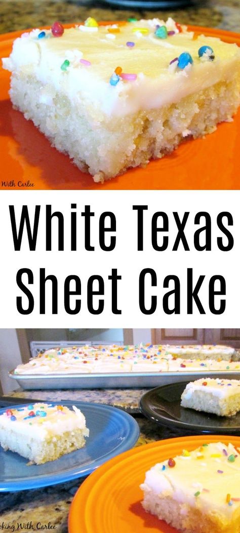 This sheet cake is perfect for feeding a crowd. White cake and white frosting is my dad's favorite combination. It is a quick and easy cake that will be popular at your next BBQ or potluck! White Texas Sheet Cake Recipe, White Texas Sheet Cake, Texas Cake, Texas Sheet Cake Recipe, Sheet Cake Recipe, Carrot Fries, Texas Sheet, Texas Sheet Cake, White Cakes