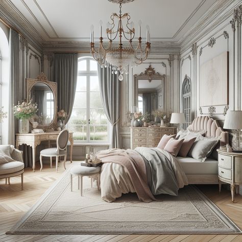 The room should include key elements such as a plush and inviting bed with linen or velvet bedding, an ornate vintage chandelier, and large French windows that let in ample natural light. The color scheme should be a blend of neutral tones with pops of pastel accents. Elegant, distressed furniture, typically found in French interiors, is must. A vintage rug on the floor and a delicate, feminine vanity table would add on to the aesthetic. Use this image as inspiration for a bedroom remodel. French Style Dressing Room, Castle Guest Bedroom, Royal Bedroom Interior, Classic Bedrooms Elegant, French Country Interior Design Bedroom, Bedroom Design Victorian, Rich Aesthetic Bedroom, Country French Interiors, Grand Bedroom