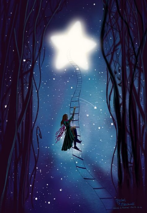 Reaching Dreams Illustration, Ladder To The Stars, Reach The Stars Illustration, Stars Illustration Art, Star Fantasy Art, Climbing Silhouette, Reaching The Stars, Becky Hemsley, Adventure Painting