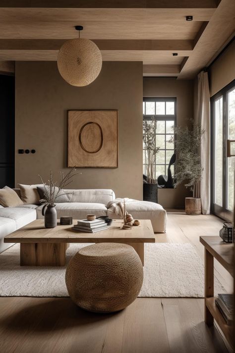 Japandi Country House, East Meets West Interior Design, Rustic Earthy Living Room, Eastern Interior Design, Wabi Sabi Living Room Interior Design, Japandi Farmhouse, Japandi Style Interior, Zen Living Rooms, Wabi Sabi Living Room