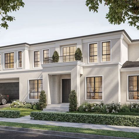 Art Deco Homes | Designed & Built by Hall & Hart French Provincial Home Exterior, Modern French Provincial Home, Modern Classic House Exterior, Timeless Home Exterior, Beautiful Home Exterior, White Picket Fence Ideas, Picket Fence Ideas, Modern Suburban House, Suburban Street