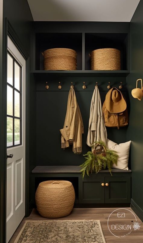 20 Dark Green Mudrooms for a Moody Vibe - Nikki's Plate Mudroom Remodel, Mudroom Makeover, Mudroom Entryway, Mudroom Decor, Casa Country, Mud Room Storage, Mudroom Design, Hal Decor, Small Hallways