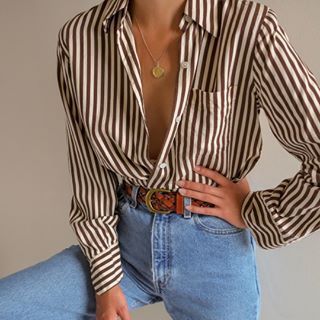 SOLD Vintage cream and cocoa striped 100% silk long sleeve button up, best fits xs-s. DM or comment for details. $42 + shipping. Business Outfit, Street Style Chic, Todays Outfit, Retro Shirts, Casual Winter Outfits, Casual Look, Work Outfits, Outerwear Women, Striped Shirt