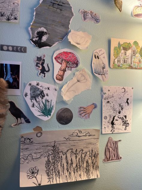 the wall by my desk is my favorite!! Grunge Room Drawing, Cluttered Room Drawing, Anime Wall Drawing Bedroom, Anime Wall Inspo Bedroom, Room Ideas Anime Wall Art, Hypebeast Room, Creative Wall Painting, Dream Bedroom Inspiration, Bedroom Wall Collage